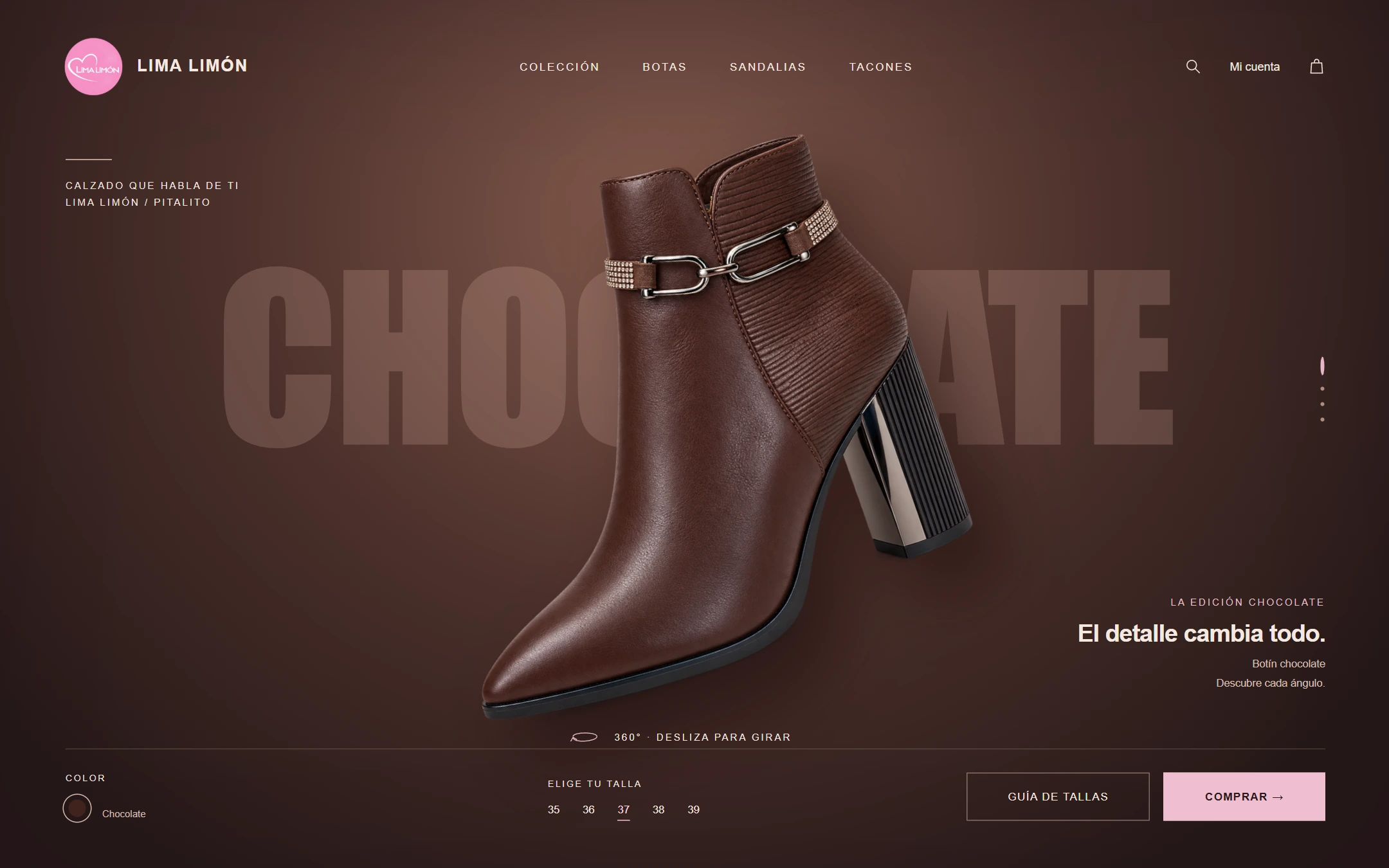 Maqueta de la web de Lima Limón con botín chocolate como protagonista